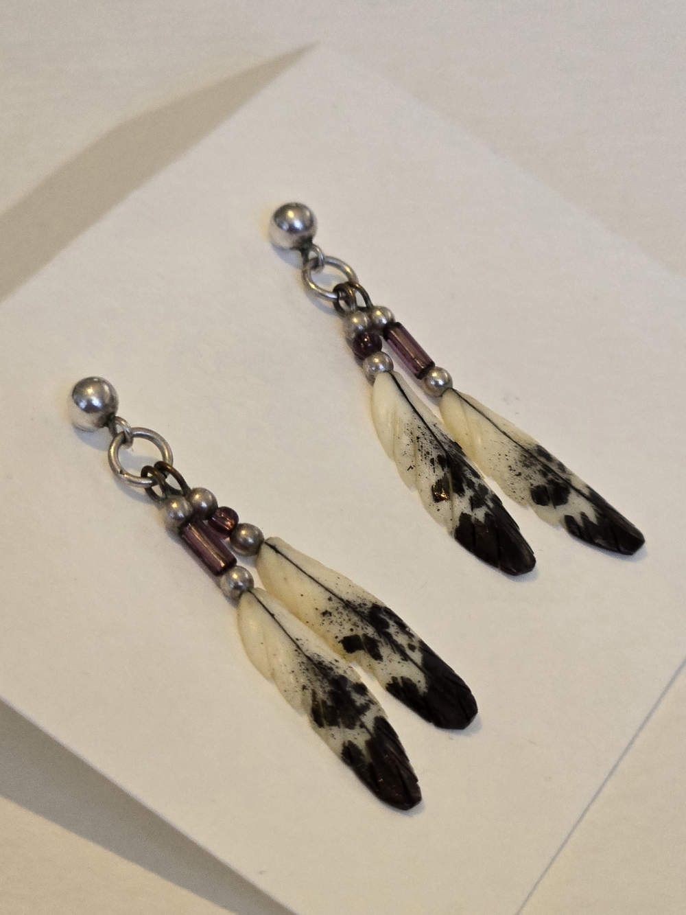 Vintage, Handmade, Carved Bison Bone, Into Feathers, Post Earrings, W/Beads, Ink